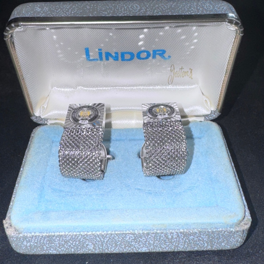 Vintage Jostens Georgia Tech Cufflinks Silver Tone Mesh Wrap Around Lindor Box
